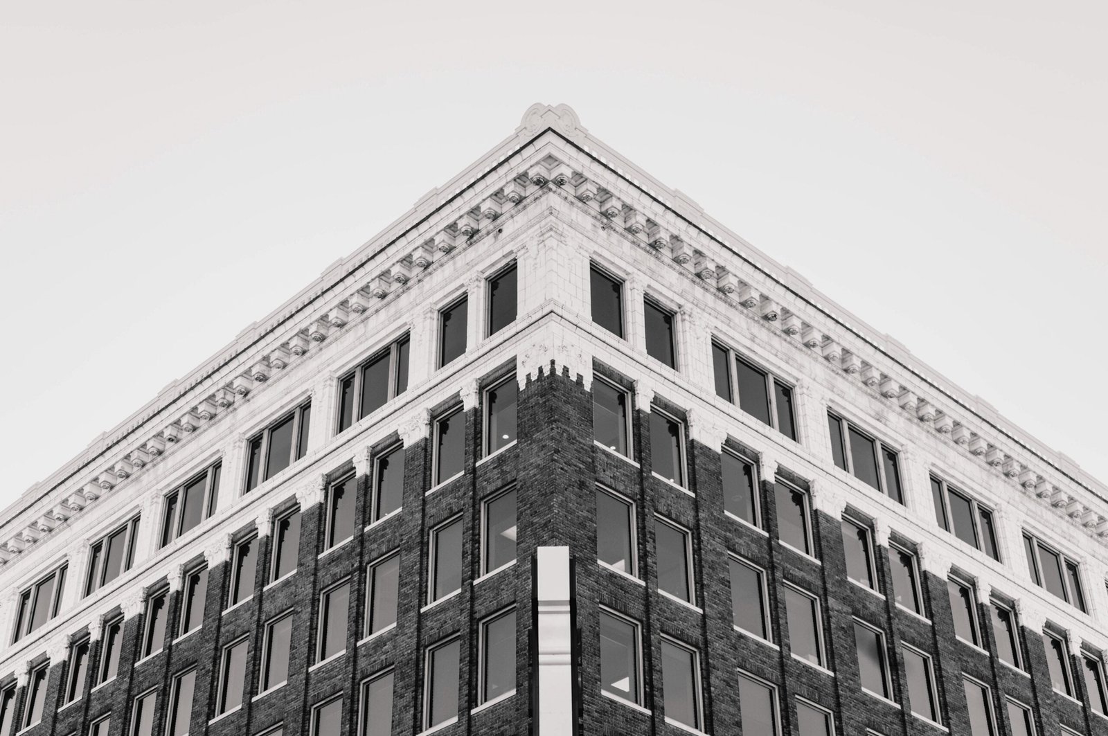 Striking black-and-white building viewed from a 90-degree angle, bathed in cool-weather illumination, showcasing a sophisticated architectural design.